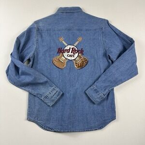 Vintage Hard Rock Cafe Denim Jean Shirt Hollywood Embroidered Guitars Womens M